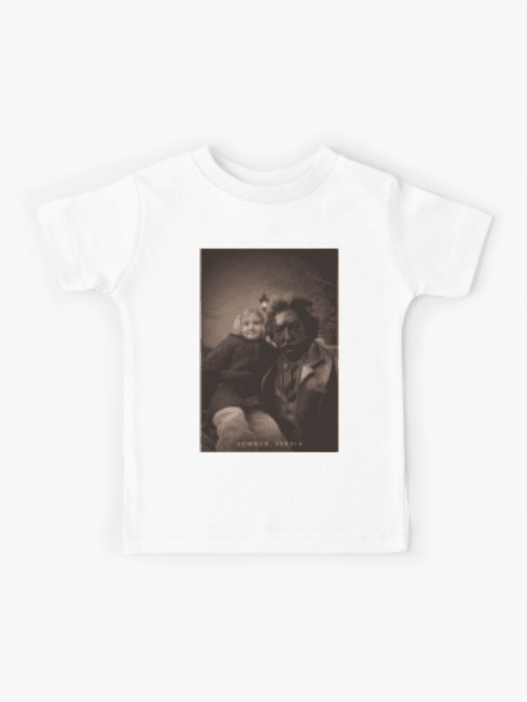 Black and white noir style kids t-shirt with illustration of a girl and Laza Kostic in Sombor Serbia