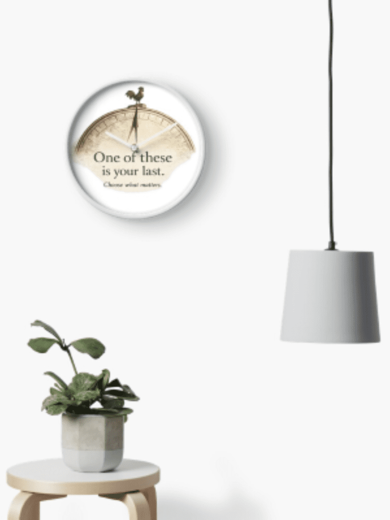 Black and white wall clock with rooster sundial illustration and inspirational quote inspired by Sombor Serbia