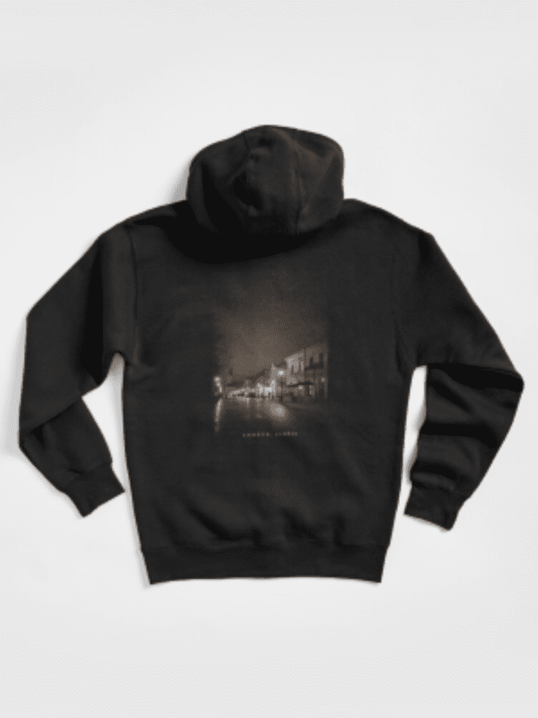 Black hoodie with noir style illustration of Kralja Petra street in Sombor Serbia with Sombor Serbia text on the back