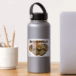 hands holding a young plant with soil in a retro style illustration on a reusable water bottle, symbol of sustainable gardening and eco lifestyle