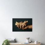 Hand holding gold tree root concept design poster luxury symbolic art print