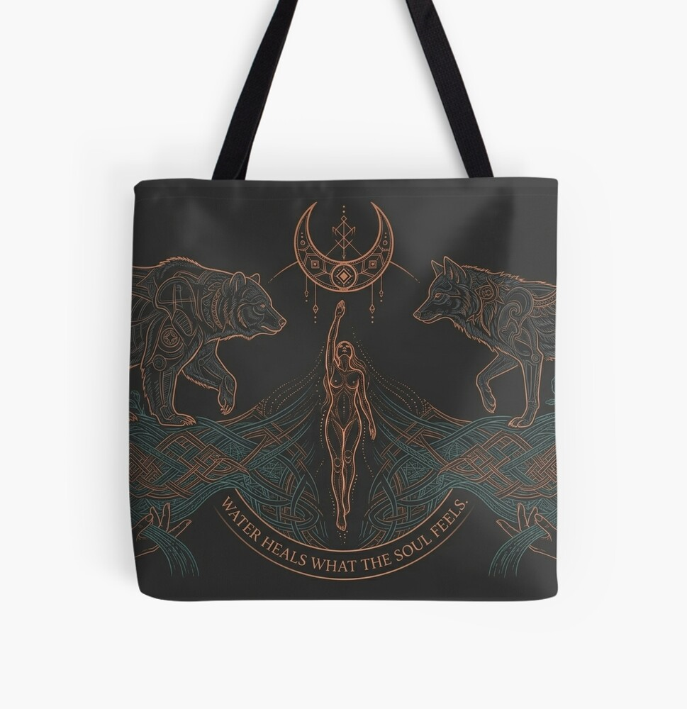 Slavic-inspired tote bag featuring mystical water symbolism and soulful guardian artwork