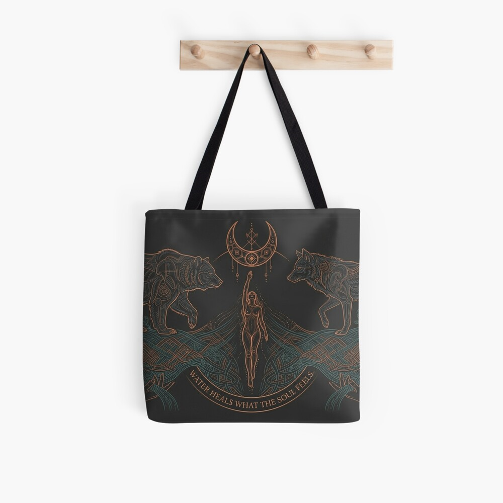 Spiritual Slavic inspired tote bag design with water healing symbolism and emotional healing quote artwork