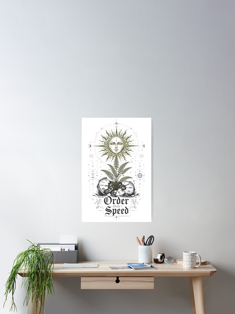 Order Over Speed ​​poster mockup on the wall above the desk for the Financial Literacy Without Noise blog on the SoTheWay website.