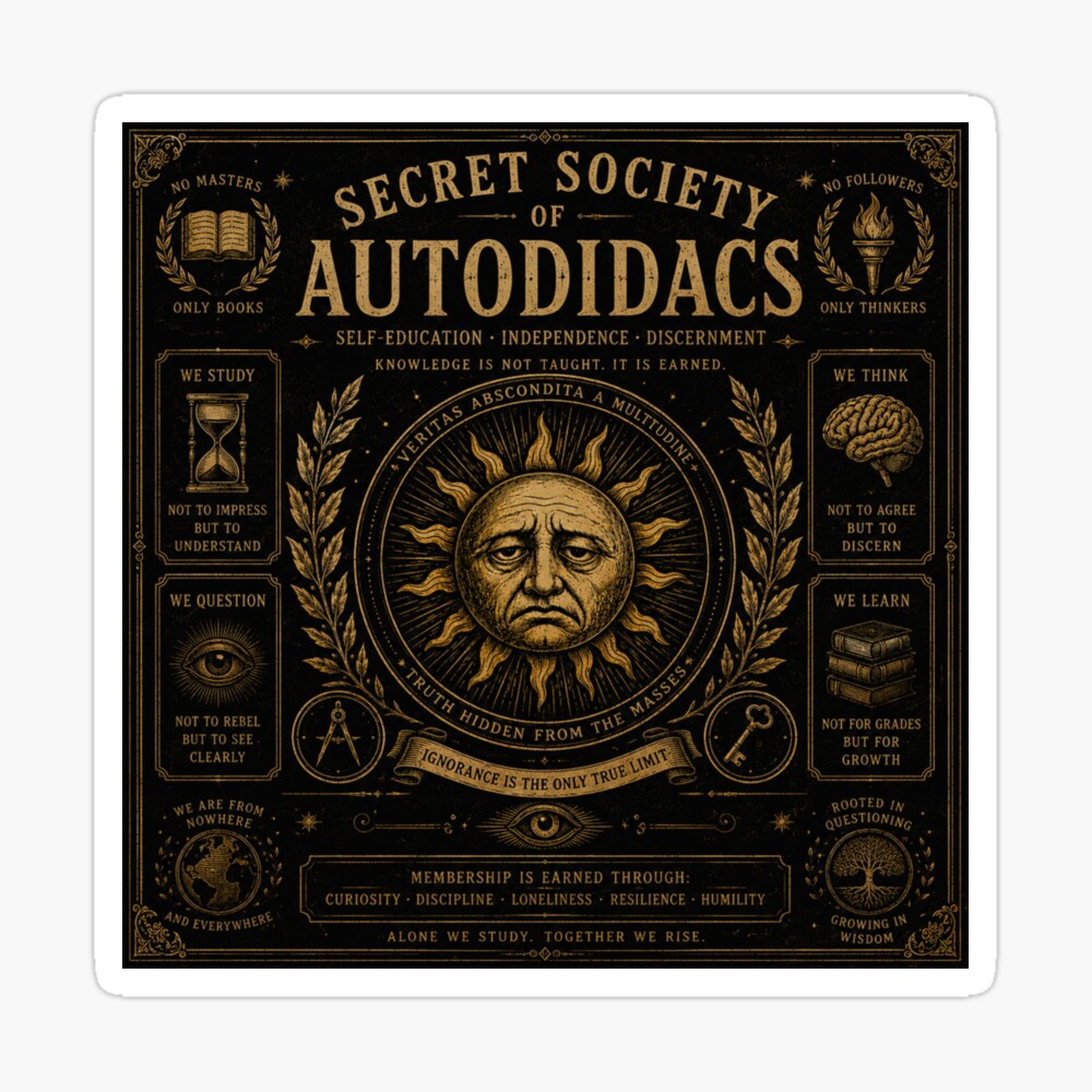 Secret Society of Autodidacs vintage intellectual emblem sticker design with a sun face and dark academia quotes.