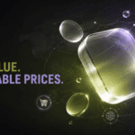 Modern abstract banner with frosted glass elements and glowing lavender and olive green light effects for global discount shopping.