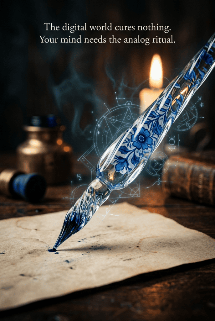 Close-up photograph of a handmade glass dip pen with an embedded blue flower, hovering over vintage parchment paper with dark blue ink. The scene includes a dark mahogany desk and warm candlelight, capturing a dark academia and mystical atmosphere.