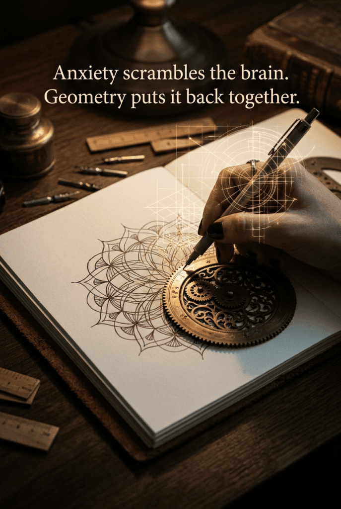 A hand drawing a geometric mandala with a spirograph stencil in a Dark Academia setting, illustrating the process of geometric meditation for anxiety relief.