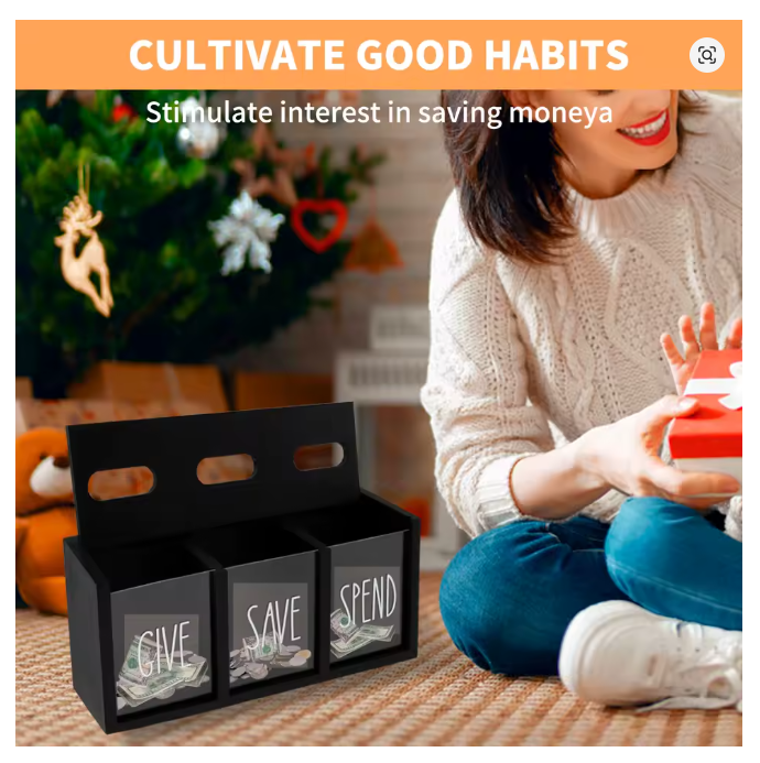 Wooden children's piggy bank with three compartments Give Save Spend for teaching children financial literacy and saving money.