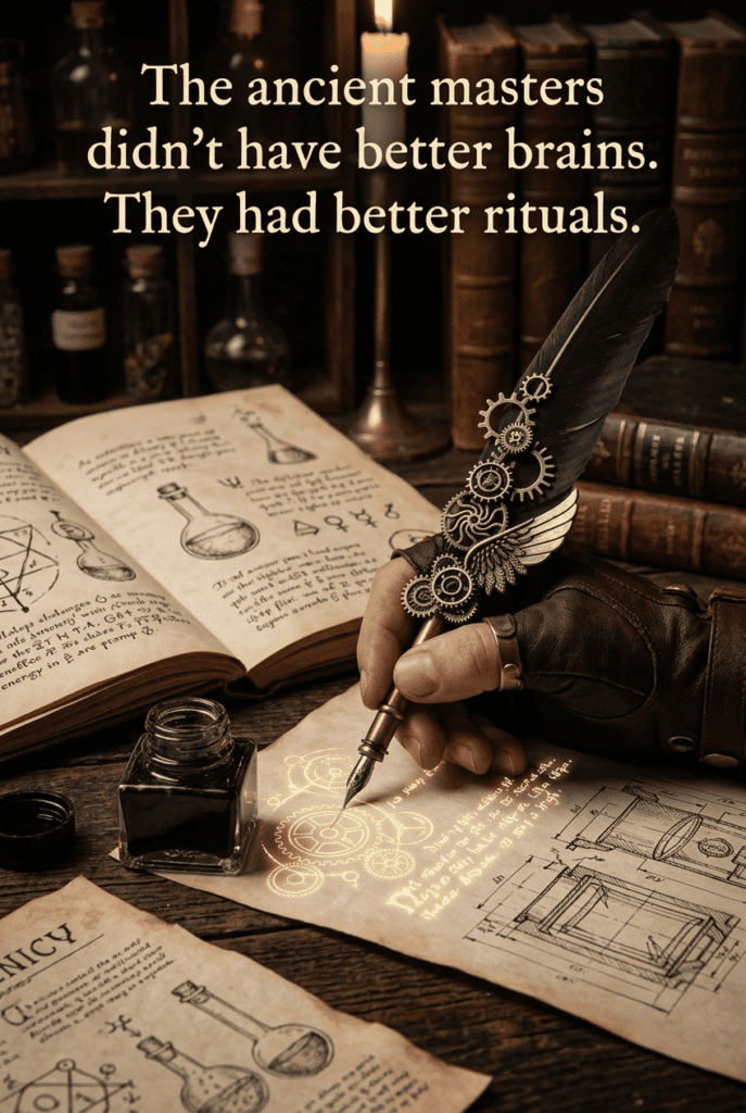 A hand writing with a steampunk pen on old blueprint paper, symbolizing a learning ritual for deep focus.