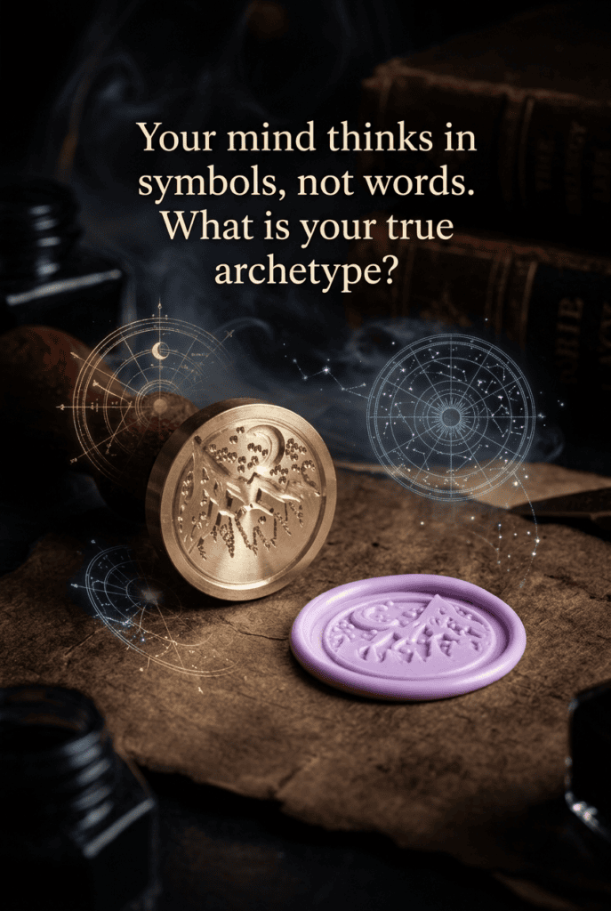 Brass wax seal stamp with celestial moon and star motifs next to a purple wax impression on parchment, symbolizing personal archetype and authenticity.