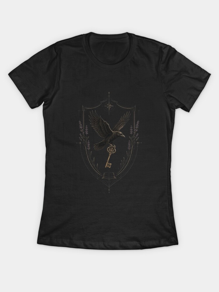Black fitted t-shirt featuring a detailed golden secret society shield emblem with a flying raven holding a key, an open book, and lavender flowers.