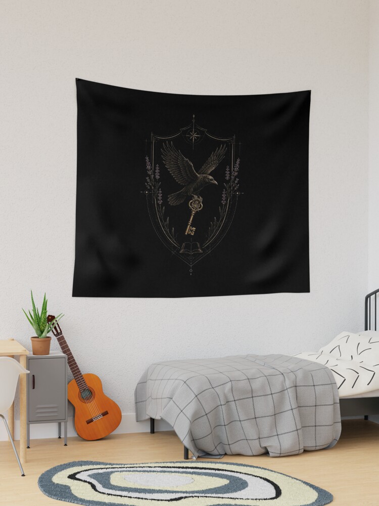 Black and gold tapestry wall hanging featuring a secret society shield with a raven holding a key, an open book, and lavender accents in a dark academia aesthetic bedroom.