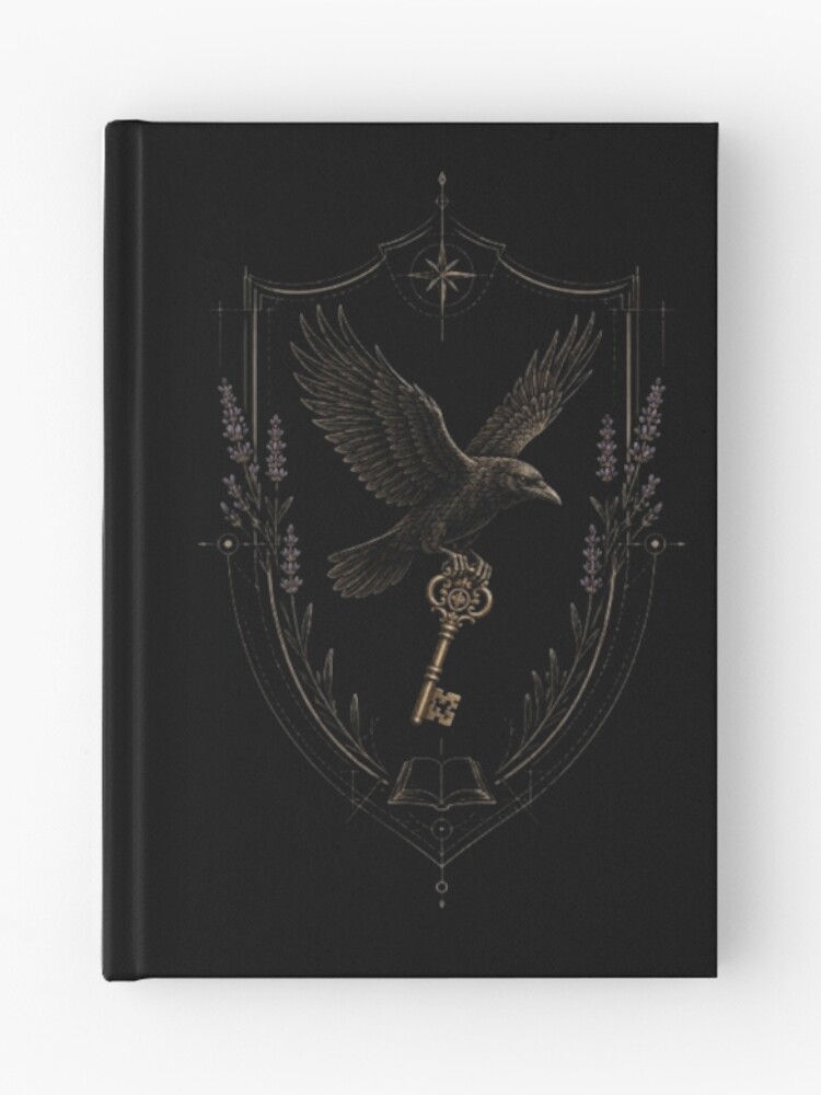 Black hardcover diary with coat of arms, raven holding a key, open book and lavender details for members of the Secret Society of Autodidacts brand SoTheWay.
