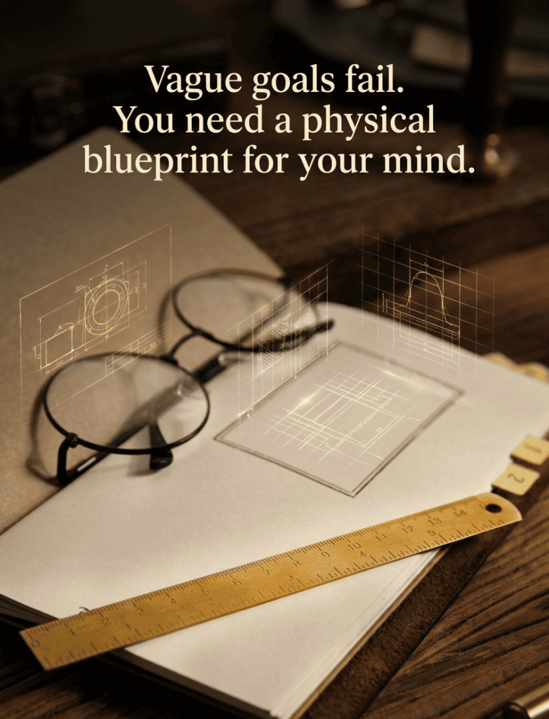 Concept of visual mapping for goal setting showing a blueprint, glasses, and a brass ruler on a desk, symbolizing the transformation of vague goals into a concrete action plan.