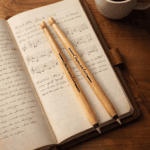 Two pieces of wooden ballpoint pens designed as mini drumsticks in original packaging.