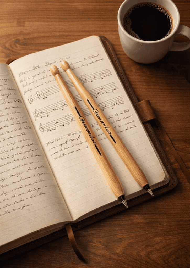 Two pieces of wooden ballpoint pens designed as mini drumsticks in original packaging.