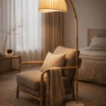 Curved wooden bamboo floor lamp with a pleated fabric dome lampshade casting a warm ambient glow in a cozy bedroom.