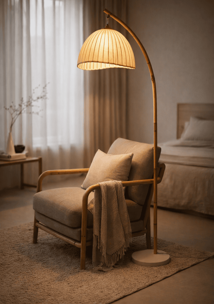 Curved wooden bamboo floor lamp with a pleated fabric dome lampshade casting a warm ambient glow in a cozy bedroom.