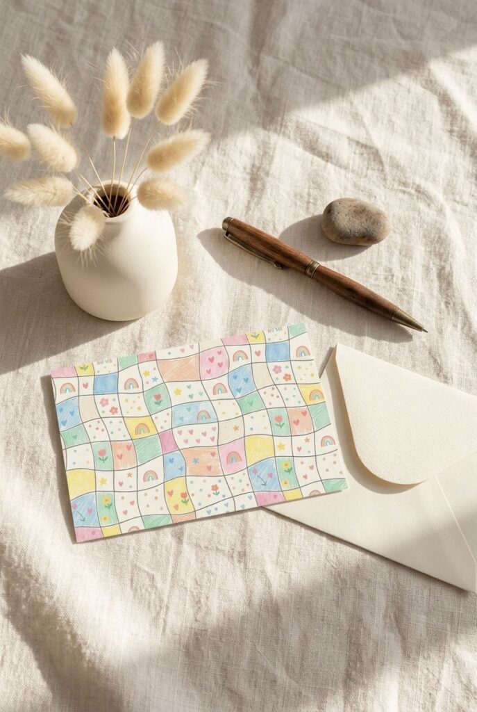 Stationed postcard displaying a pastel patchwork pattern with hand-drawn rainbows, hearts, and flowers next to a blank address template.