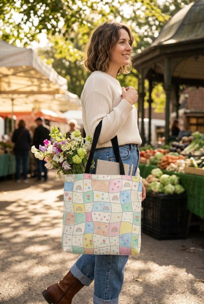 Canvas tote bag with black handles featuring a pastel grid pattern filled with hand-drawn rainbows, hearts, and flowers.