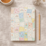 Hardcover journal featuring a pastel patchwork pattern with hand-drawn rainbows, hearts, flowers, and stars.