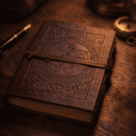 Vintage brown leather-bound journal featuring an embossed medieval knight emblem with a leather wrap strap closure.
