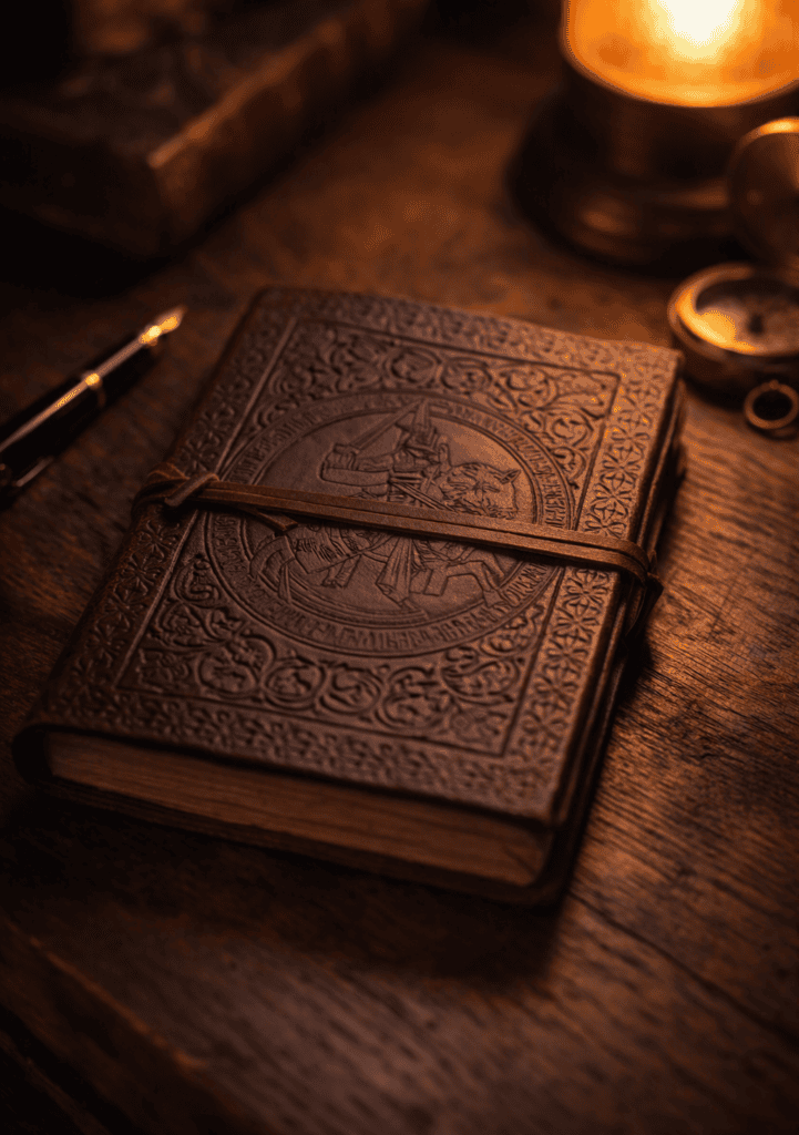 Vintage brown leather-bound journal featuring an embossed medieval knight emblem with a leather wrap strap closure.