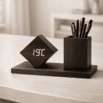 Modern dark wooden desk organizer featuring a digital LED clock displaying temperature and a built-in pen holder on a white table.