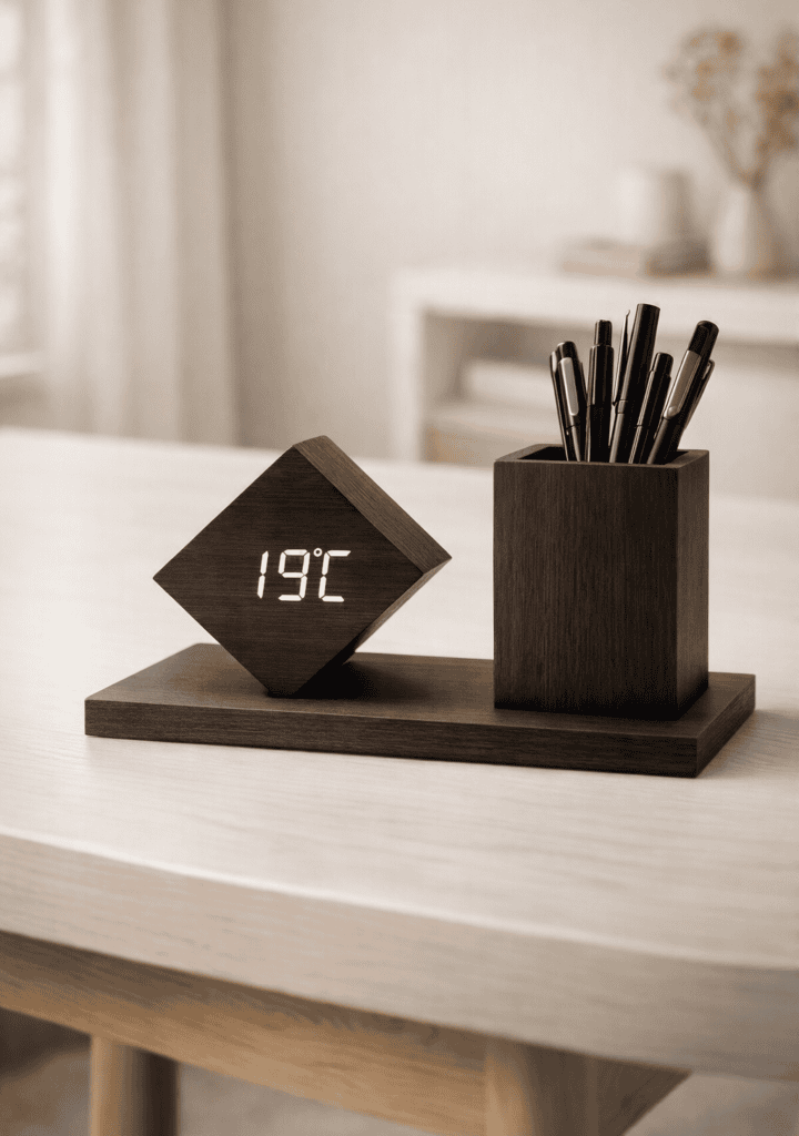 Modern dark wooden desk organizer featuring a digital LED clock displaying temperature and a built-in pen holder on a white table.