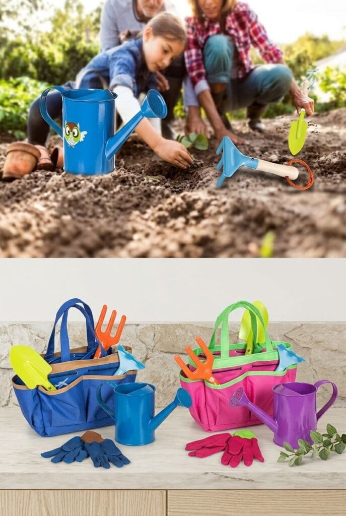 Children's 6-piece garden tool kit with watering can, metal trowel, rake, gloves, and tote bag on rich garden soil