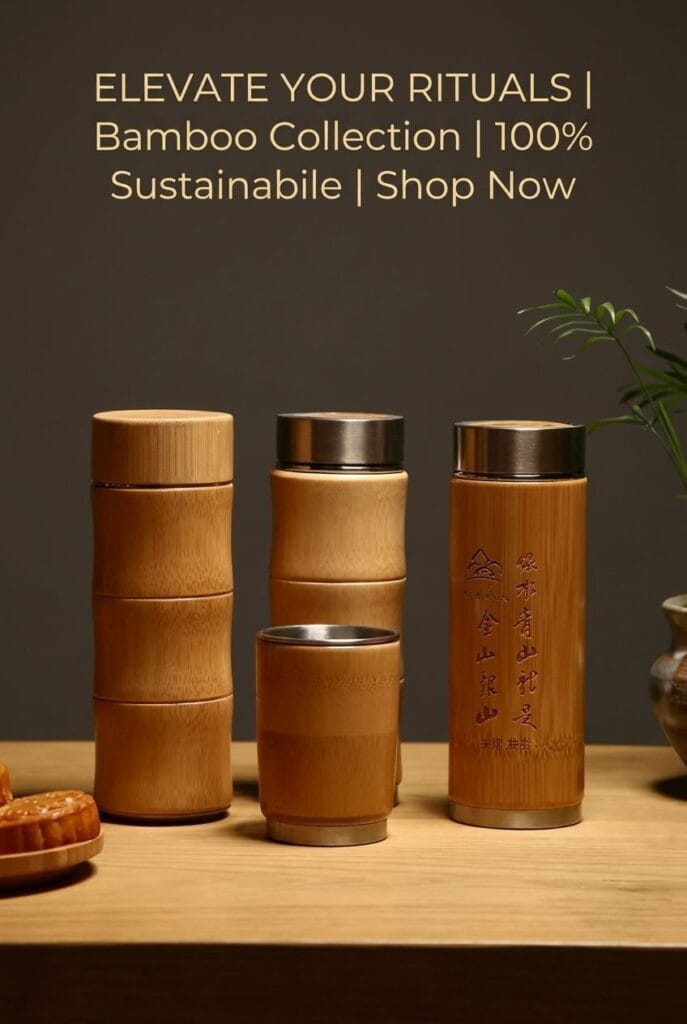 Insulated water bottle wrapped in natural bamboo with a stainless steel lid on a wooden surface