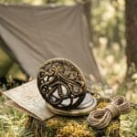 Vintage pocket compass made of brass with a carved octopus flip cover open on a wooden background