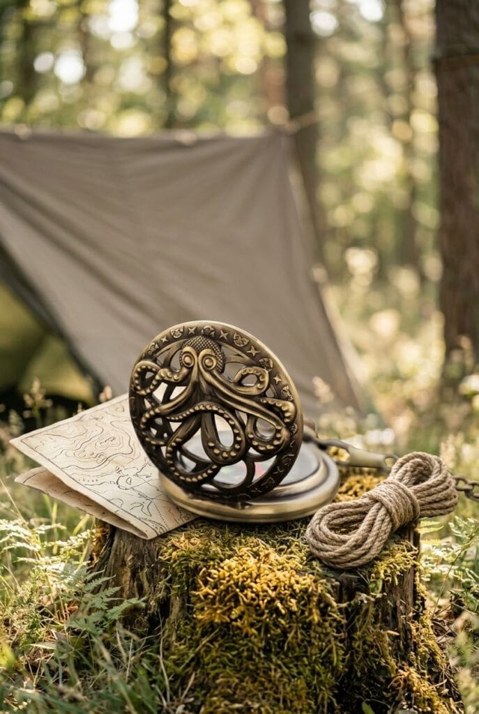 Vintage pocket compass made of brass with a carved octopus flip cover open on a wooden background