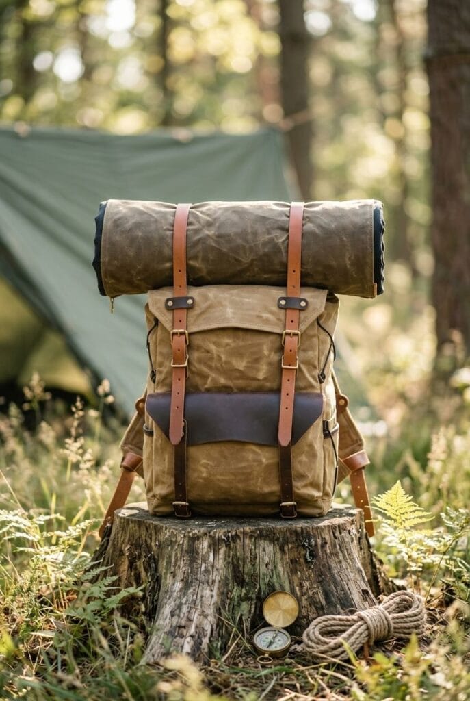 Vintage tan waxed canvas backpack with genuine leather straps resting on a tree stump in the woods