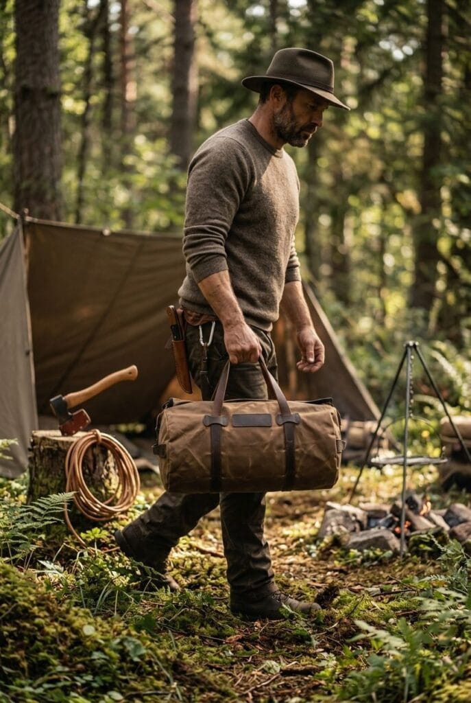 Outdoor adventurer carrying a brown waxed canvas roll bag in a sunlit pine forest