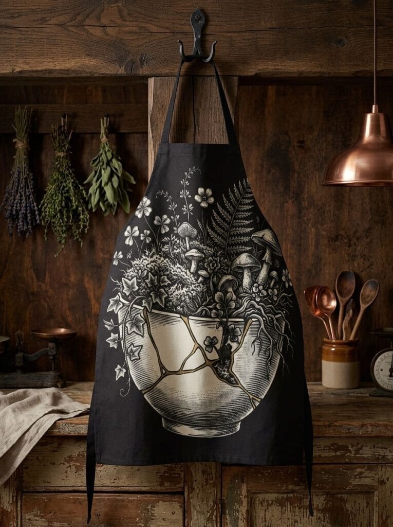 Black kitchen apron featuring vintage 19th-century botanical woodcut engraving of wild garden ferns, moss, and mushrooms in a gold kintsugi repaired bowl