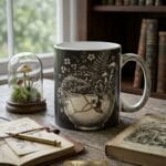 Ceramic mug featuring vintage 19th-century botanical woodcut engraving of wild garden ferns, moss, and mushrooms in a gold kintsugi repaired bowl