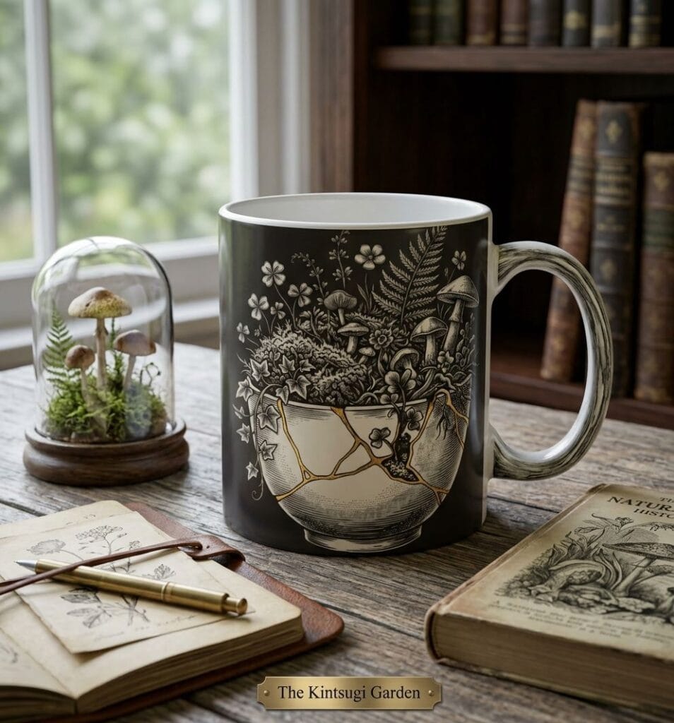 Ceramic mug featuring vintage 19th-century botanical woodcut engraving of wild garden ferns, moss, and mushrooms in a gold kintsugi repaired bowl