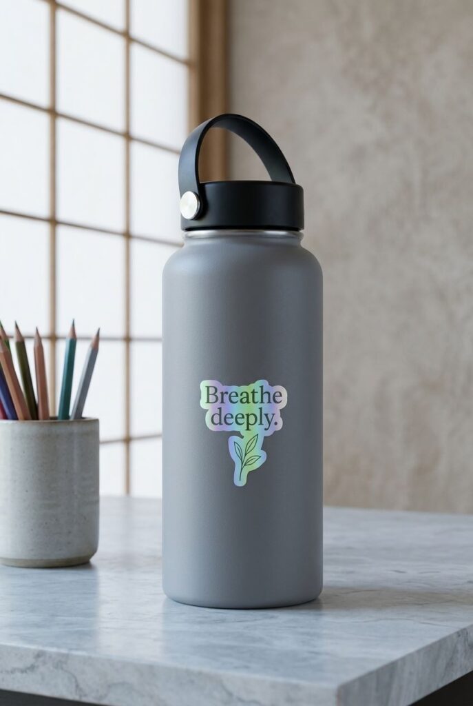 Breathe deeply holographic sticker with minimalistic typography stuck on a gray water bottle, mockup