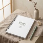 White spiral notebook featuring Breathe deeply typography and botanical leaf art on a neutral linen tabletop, Innerway Studio mockup