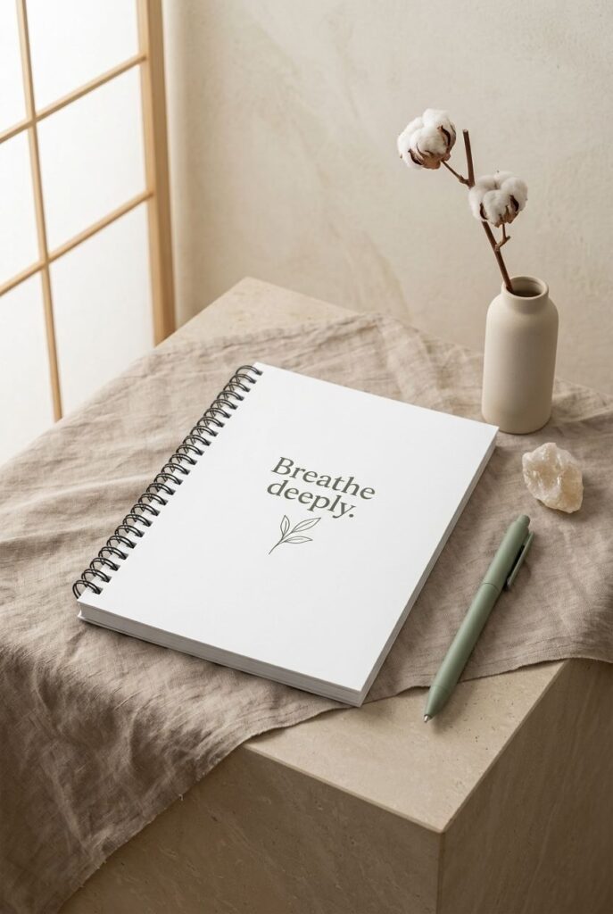 White spiral notebook featuring Breathe deeply typography and botanical leaf art on a neutral linen tabletop, Innerway Studio mockup