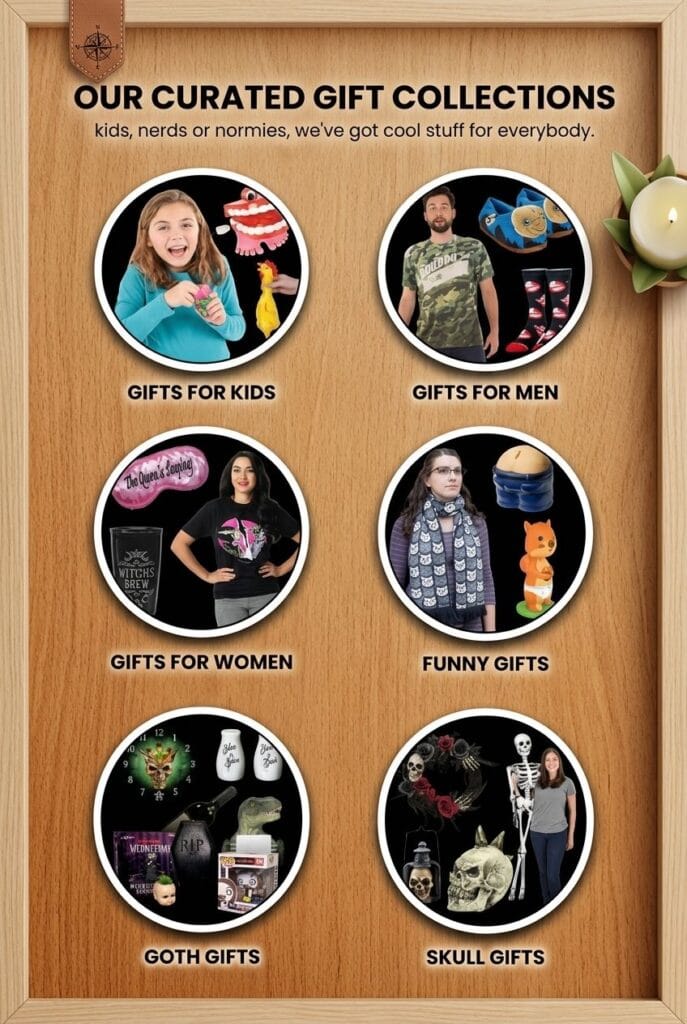 A 2 by 3 grid layout of curated gift collections featuring gifts for kids, men, women, funny items, goth, and skull gifts on a wooden background.