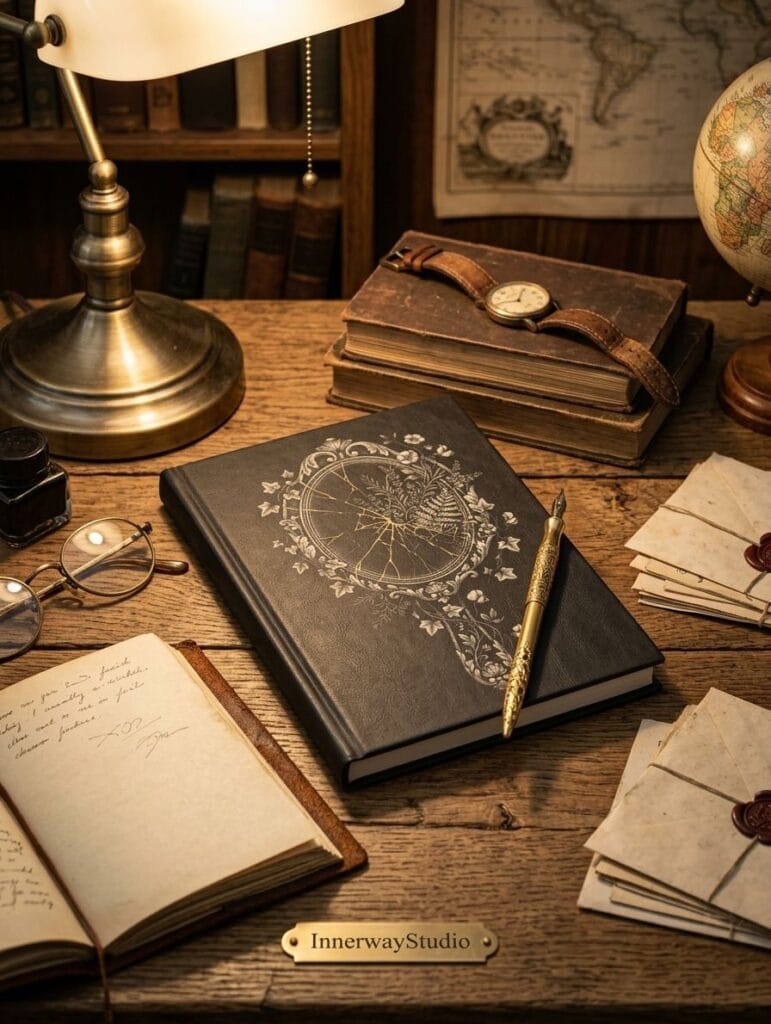 Hardcover journal with a vintage hand mirror design featuring gold kintsugi cracks and botanical floral engravings on a dark cover