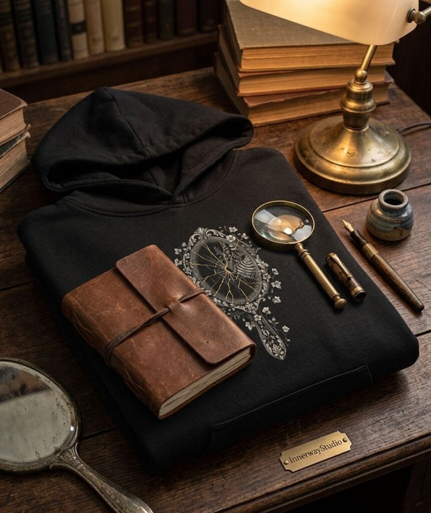 Black hoodie featuring a vintage hand mirror design with gold kintsugi cracks and botanical floral engravings in dark academia aesthetic