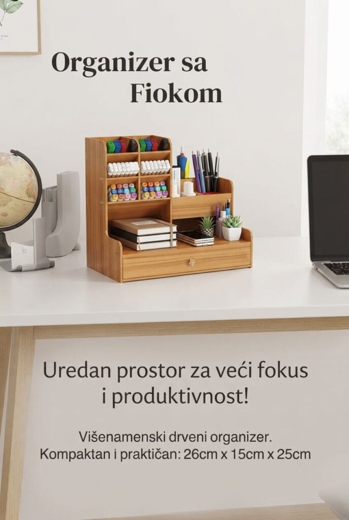 Višenamenski drveni organizer za radni sto sa fiokom 26x15x25cm – Shoppster
