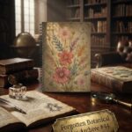 Forgotten Botanical Atlas Archive 44 spiral notebook mockup on a dark academia wooden desk with vintage stationery