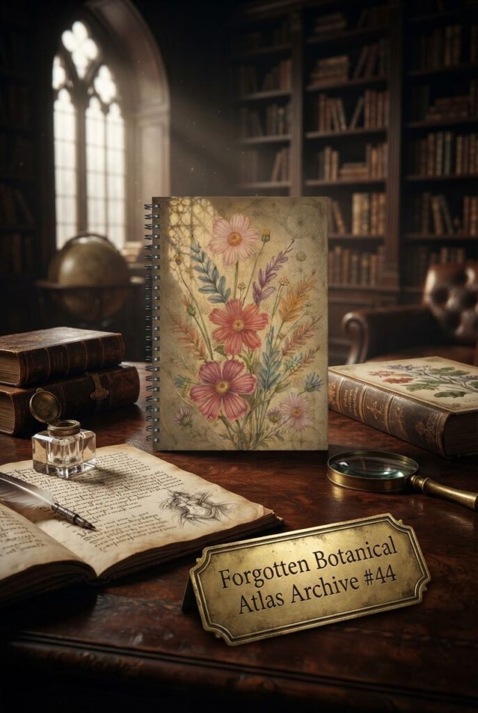 Forgotten Botanical Atlas Archive 44 spiral notebook mockup on a dark academia wooden desk with vintage stationery
