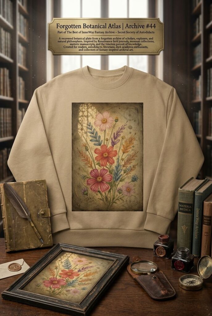 Forgotten Botanical Atlas Archive 44 sweatshirt displayed in a dark academia vintage library setting with botanical illustration