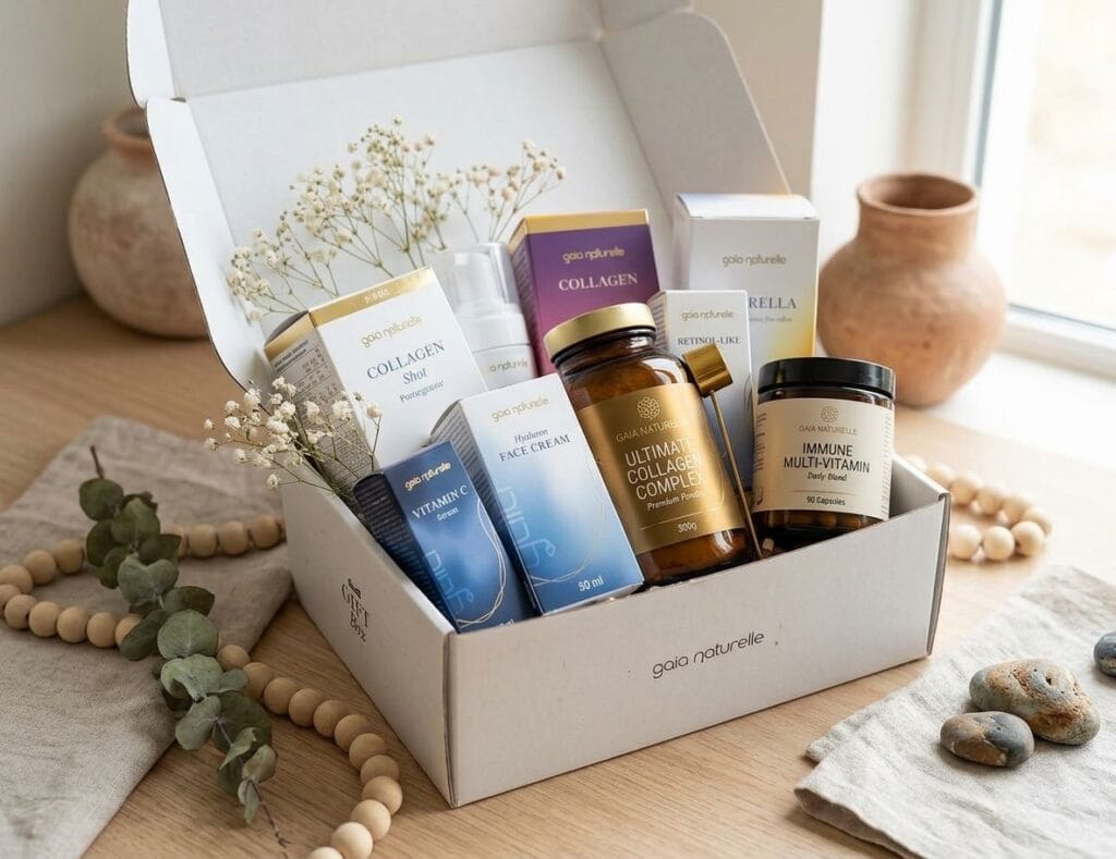 Gaia Naturelle gift box filled with Collagen Shot, Hyaluron Face Cream, Vitamin C Serum, and supplement bottles on a wooden surface.